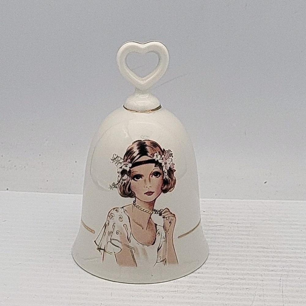 Vintage Japan Bell Deco Flapper Girl Gold Rim Heart Handle Ceramic White
